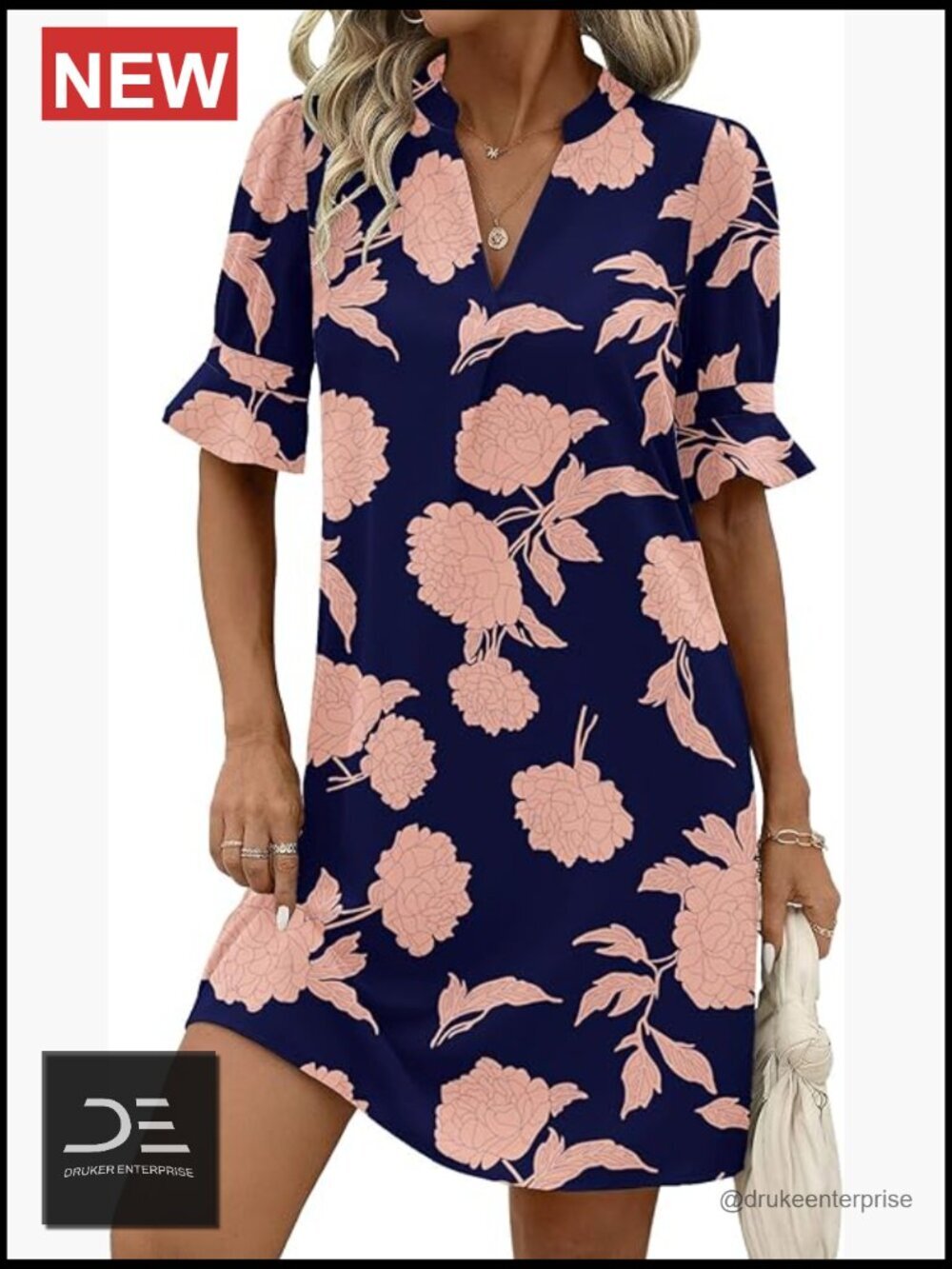 V Neck Ruffle Sleeve Loose Shift Dress Hawaiian Sundress Beach Vacation Mini